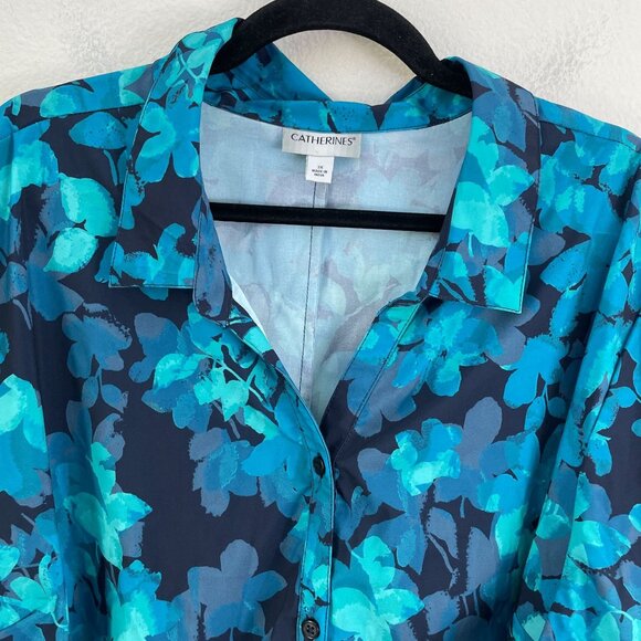 Catherines Womens Plus 3X Blouse Leaf Floral Print Roll Tab Sleeve Shirt Top - Picture 8 of 11